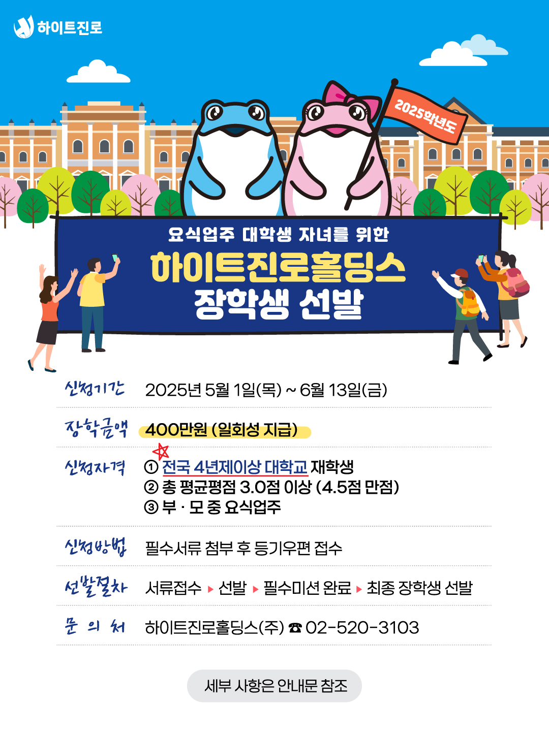 요식업주 대학생 자녀를 위한 하이트진로홀딩수 장학생 선발 안내