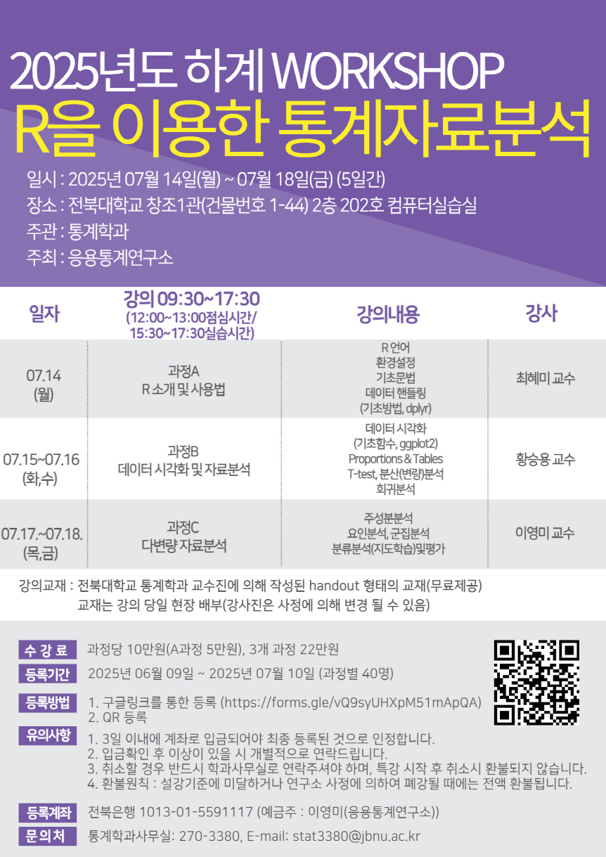 2025년 하계 WORKSHOP R을 이용한 통계자료분석 특강